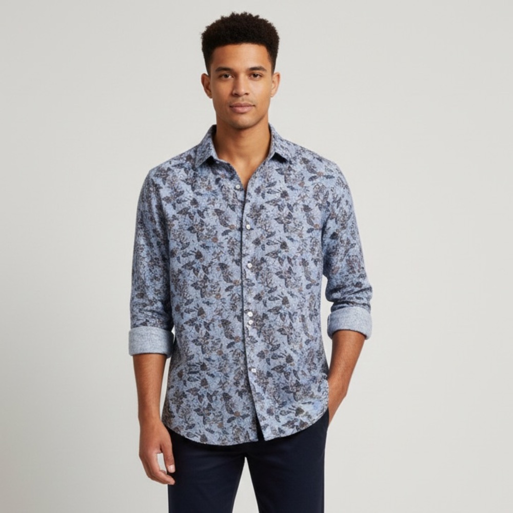 TALLIA Linen Blend Blue Brown Floral Button Down Size Large *missing top button